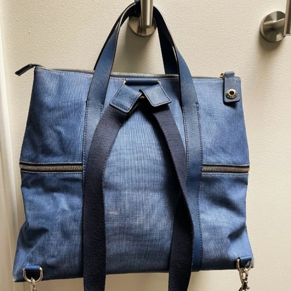 HENRI BENDEL Blue Coated Canvas Leather Jetsetter Convertible Backpack - Picture 5 of 12
